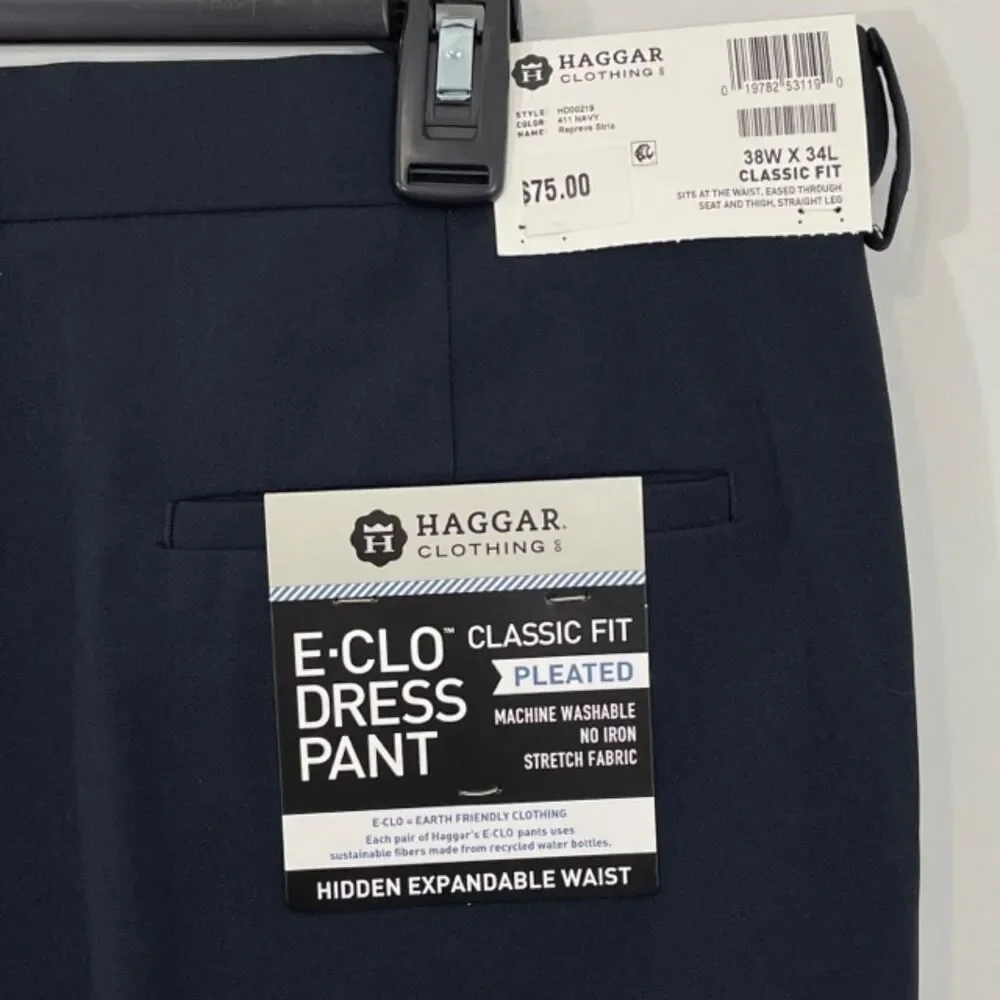 NWT Haggar Black Classic Fit E-Clo Pleated Dress Pants Men's Size‎ 38x34